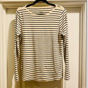 LL BEAN Women's Pima Cotton Tee, Long Sleeve Boatneck, Size M, Deep Navy/Cream
